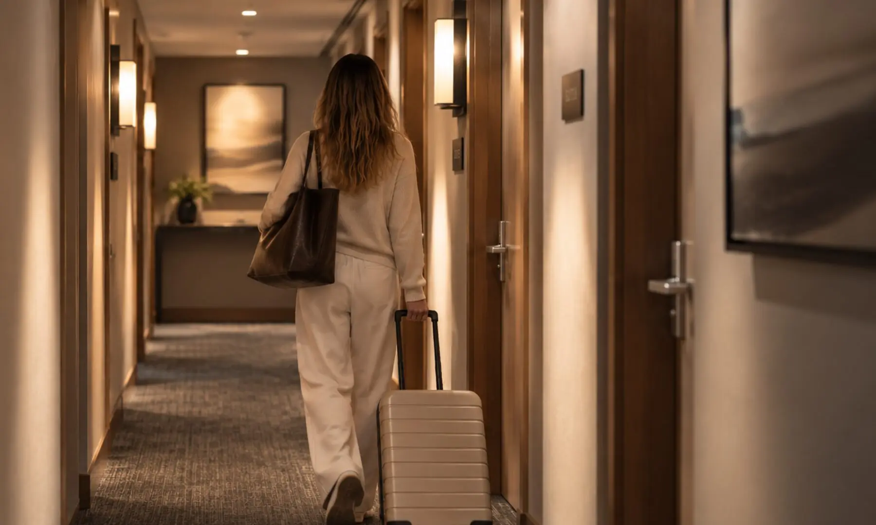 MinuteSuites_Hallway Woman walking with suitcase down a Minute Suites hallway